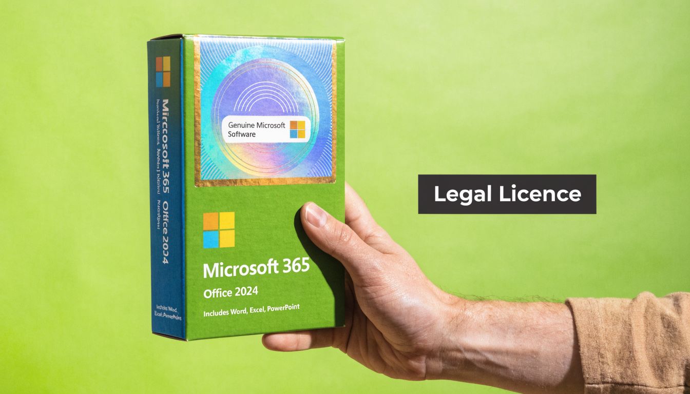 一个人拿着一个 Microsoft 365 Office 2024 软件盒，背景是亮绿色。