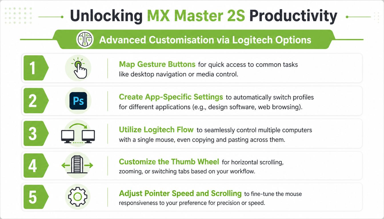 An infographic detailing five advanced customization features for the Logitech MX Master 2S mouse for improved productivity.