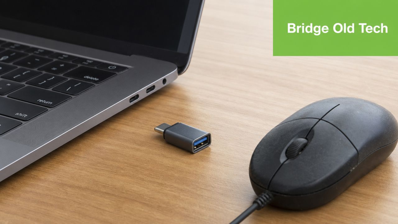A USB-C to USB-A adapter placed on a desk beside a laptop and a computer mouse.