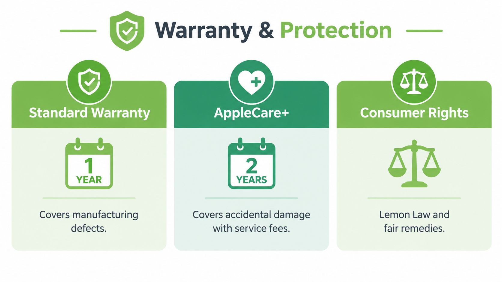 An infographic showing coverage options including Standard Warranty, AppleCare+, and Consumer Rights for electronic devices.