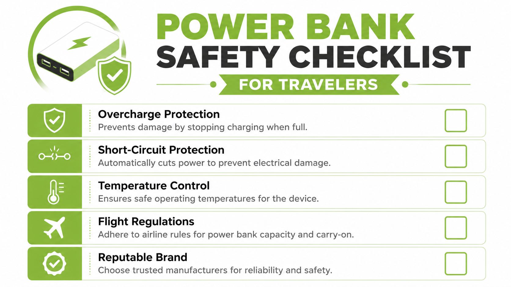 A safety checklist infographic for travelers explaining important features of a safe power bank device.