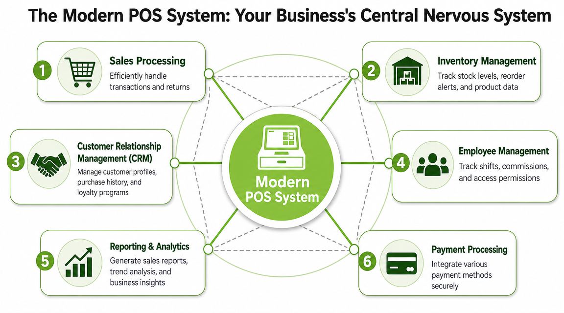 A diagram illustrating the key functions of a modern POS system including inventory, payments, and analytics.