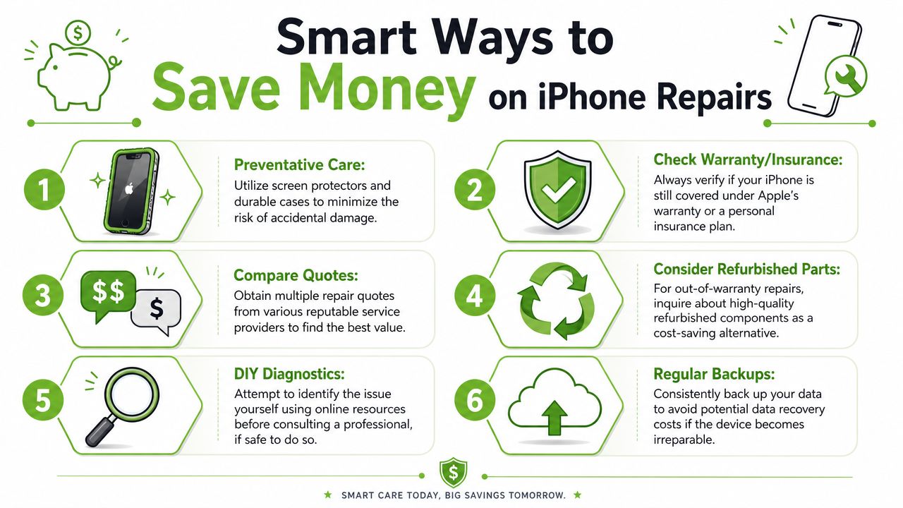 An infographic titled Smart Ways to Save Money on iPhone Repairs featuring six practical money-saving tips.