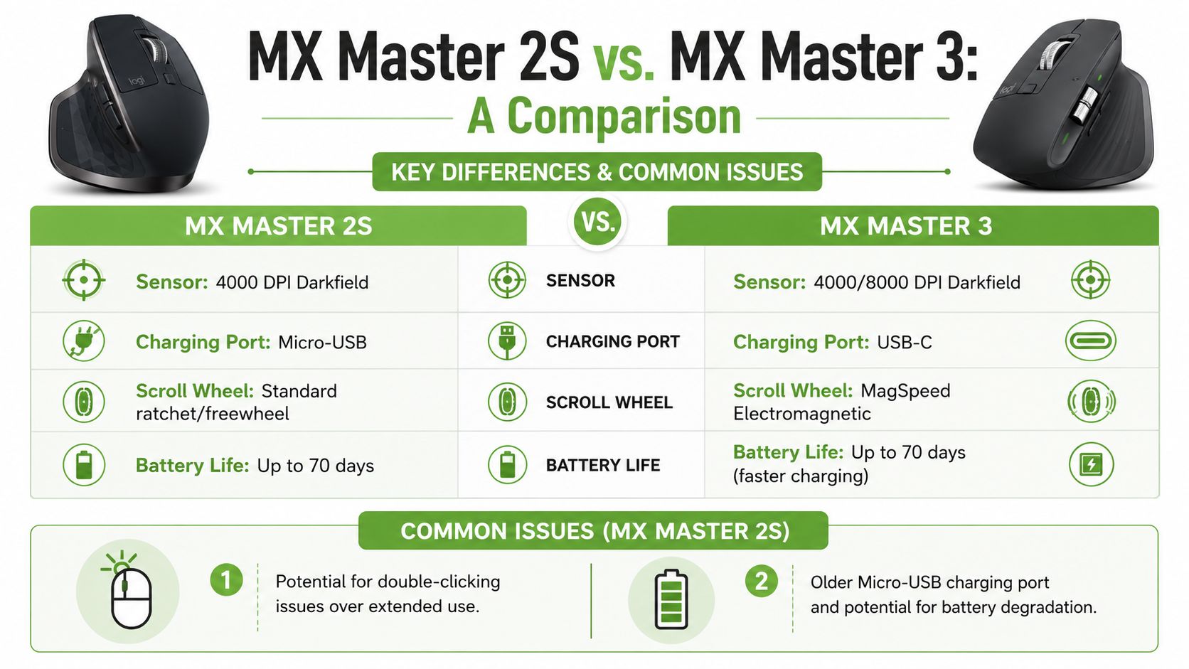 A comparison chart outlining key differences in sensor, charging, scrolling, and battery features between Logitech MX Master 2S and 3.