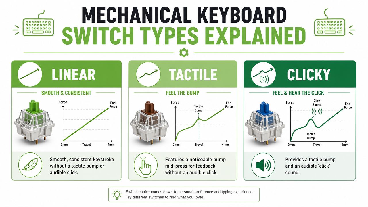 A visual guide explaining the three main mechanical keyboard switch types: linear, tactile, and clicky.