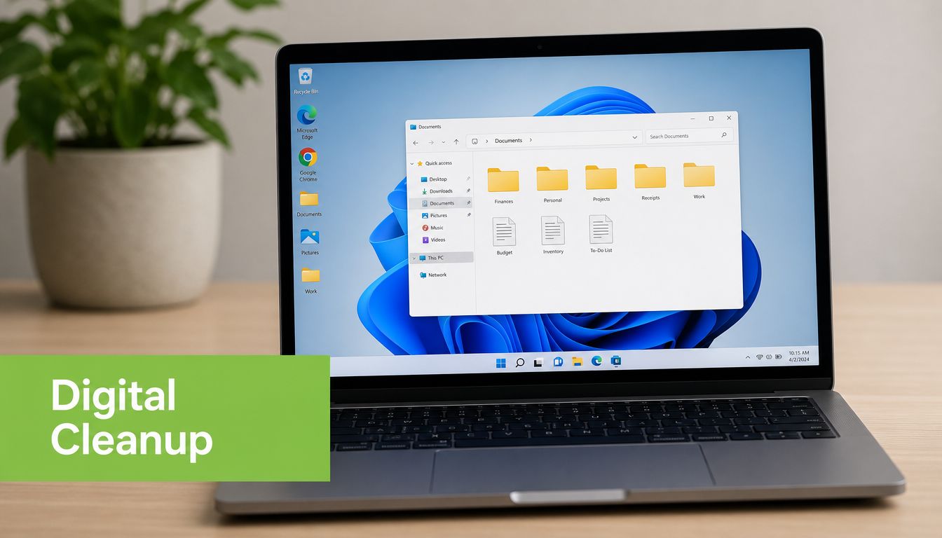 An open laptop sitting on a wooden desk displaying digital files and folders on the screen.