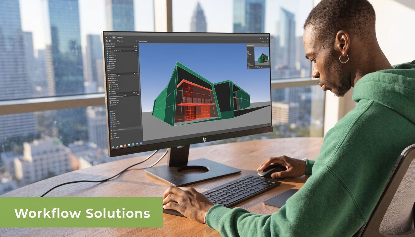 一名专业设计师在办公室里使用惠普工作站处理 3D 建筑模型。