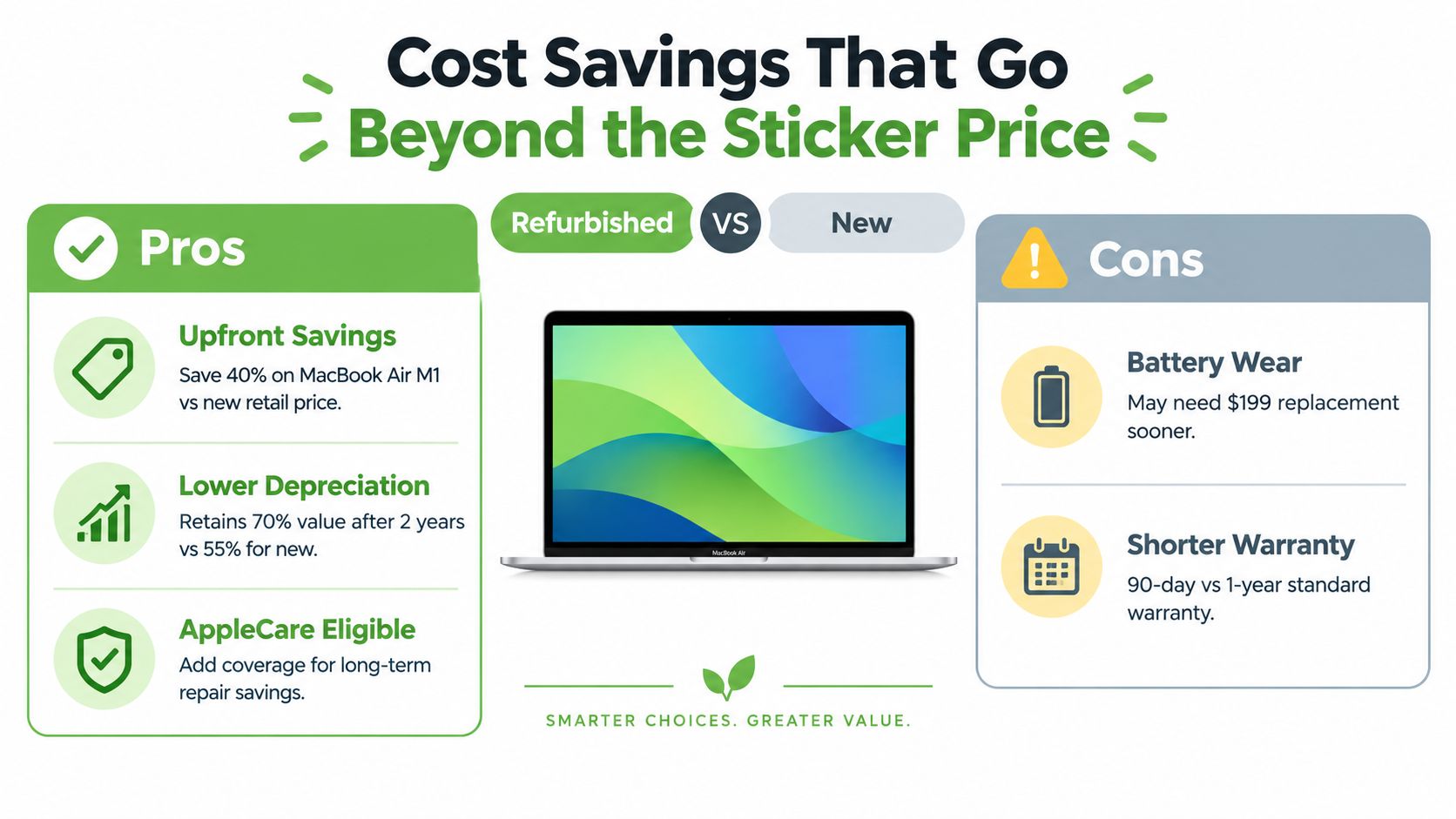 A comparison infographic showing pros and cons of buying a refurbished Apple MacBook versus a new one.