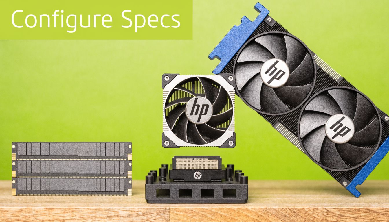 Hardware components including RAM, a CPU, a heatsink, and an HP graphics card on a wooden surface.
