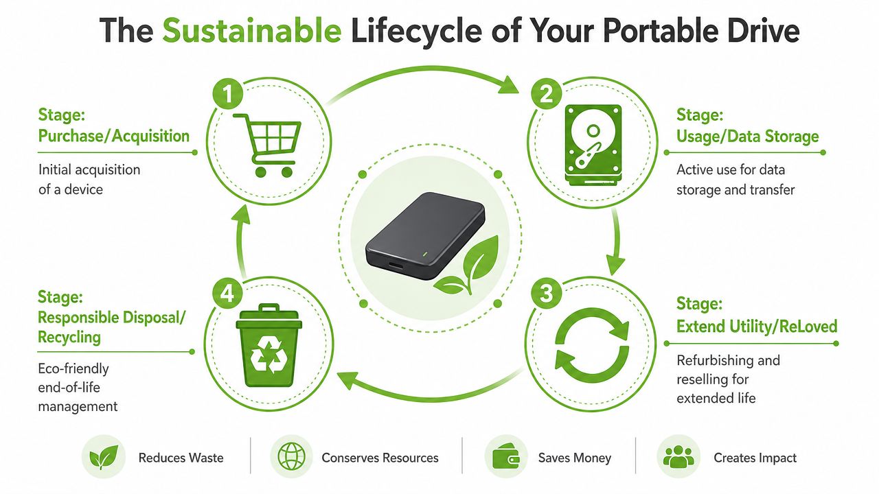 An infographic showing the sustainable lifecycle of a portable hard drive through purchase, usage, refurbishment, and recycling stages.