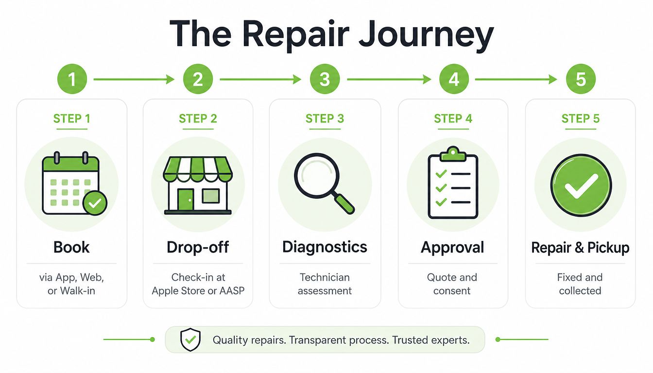 An infographic showing the five-step process for an Apple device repair journey from booking to pickup.