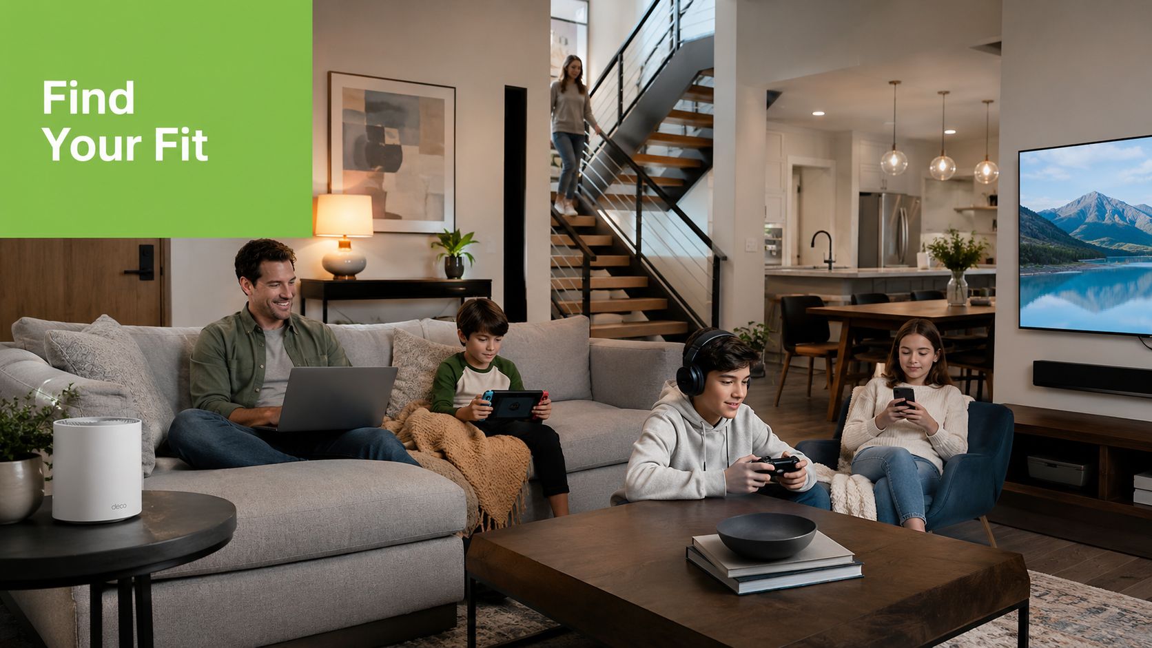 A family of four spending time together in a modern living room with a TP-Link Deco mesh router.
