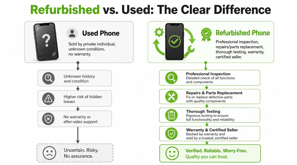A comparison chart showing the differences between purchasing a used phone versus a certified refurbished phone.