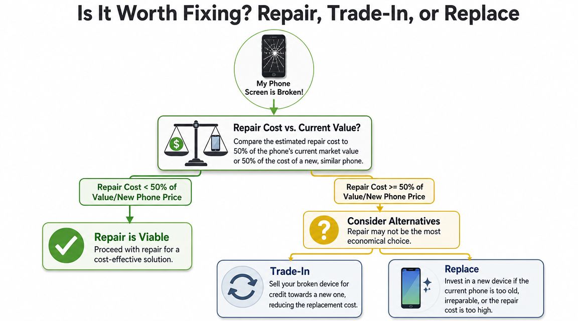 A flowchart explaining how to decide between repairing, trading in, or replacing a broken phone screen.