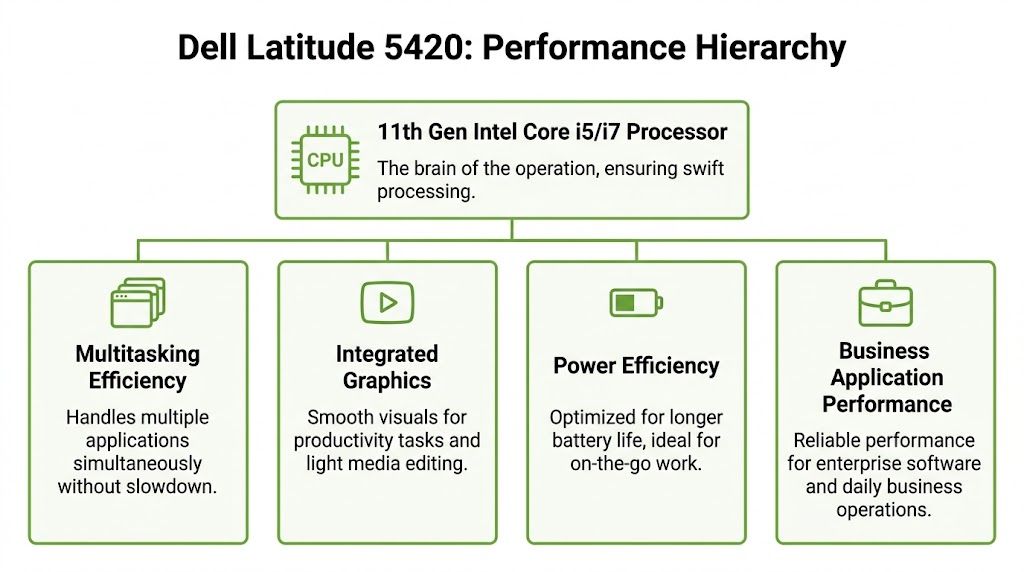 戴尔 Latitude 5420 笔记本电脑的性能层级图表，突出显示了处理器和关键性能特点。