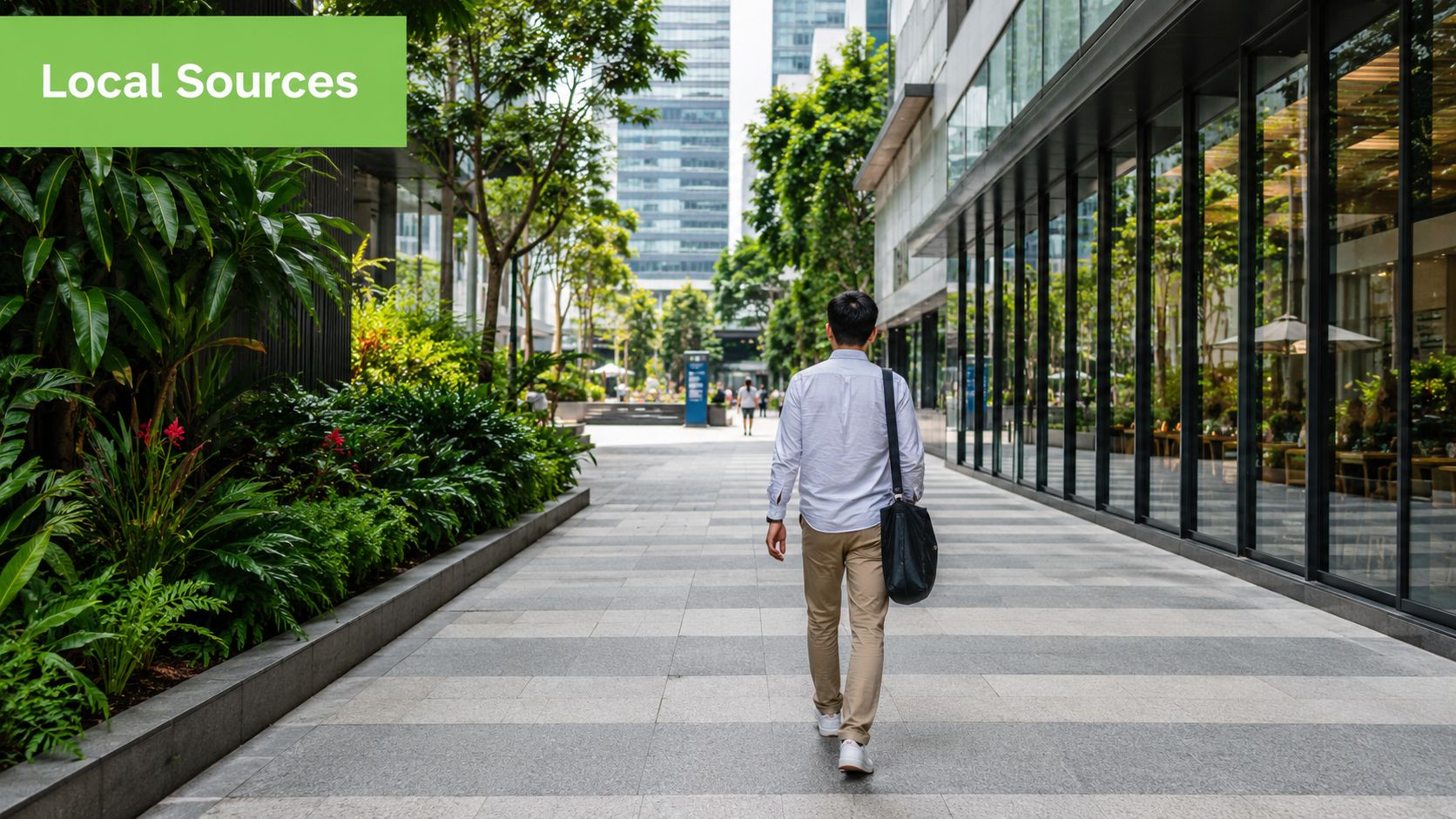 A young man walks down a clean, modern urban pedestrian walkway lined with lush greenery and office buildings.