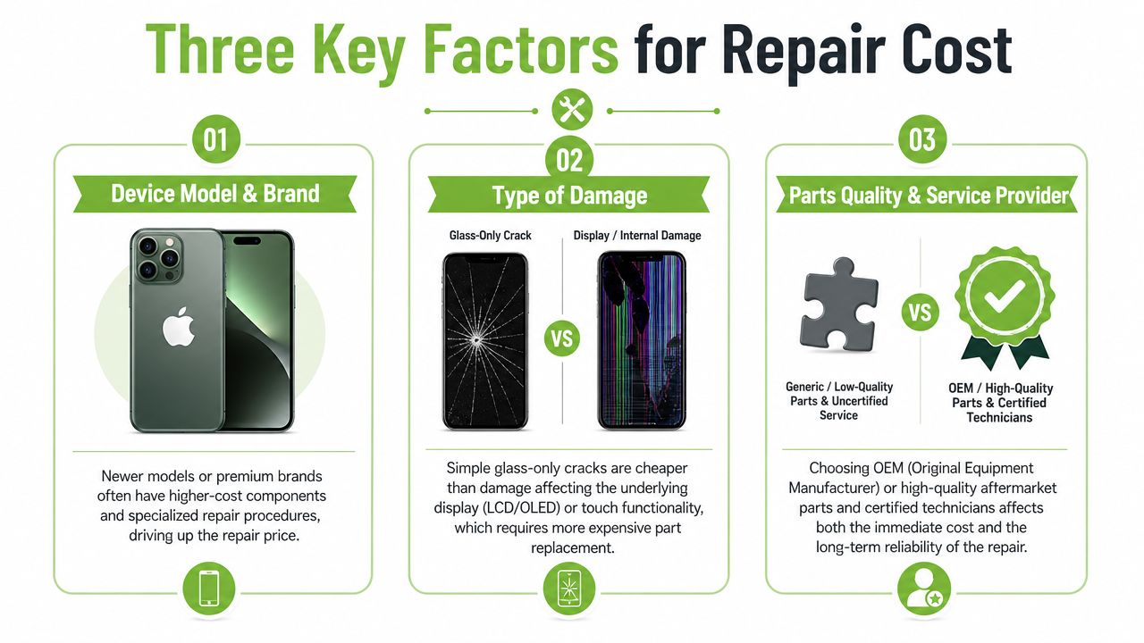 An infographic outlining three key factors that influence the total cost of mobile phone screen repair services.