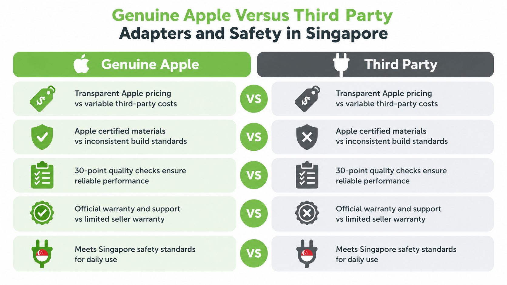 A comparison chart showing the differences between genuine Apple adapters and third-party adapters for safety and quality.