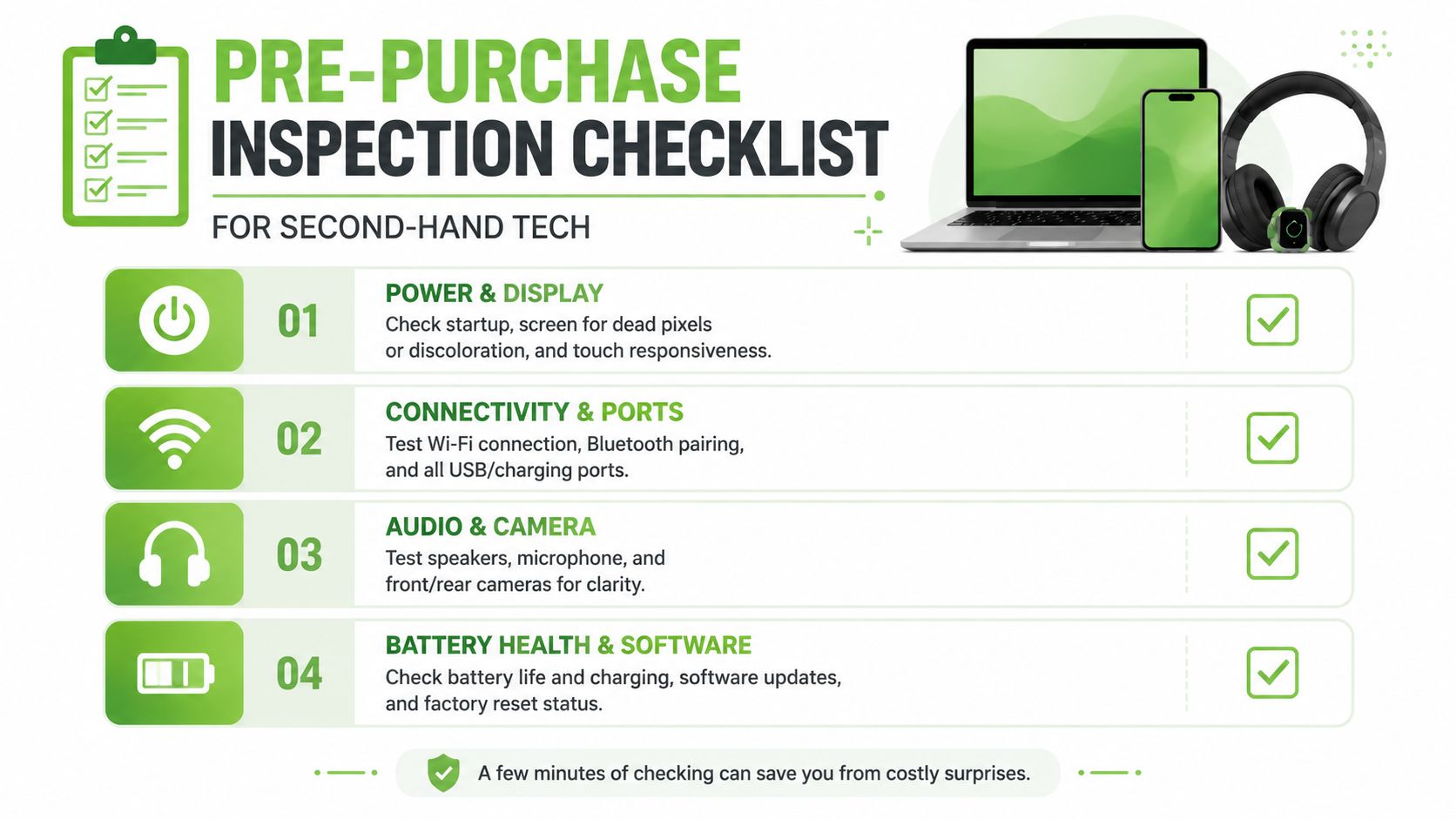 A green and white infographic showing a four-step pre-purchase inspection checklist for buying second-hand electronic devices.