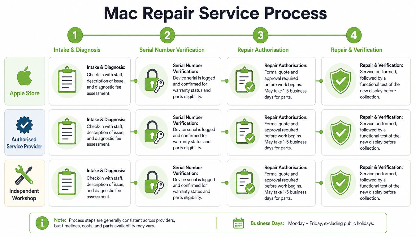 A diagram outlining the four-step Mac repair service process at Apple Stores, Authorised Service Providers, and workshops.