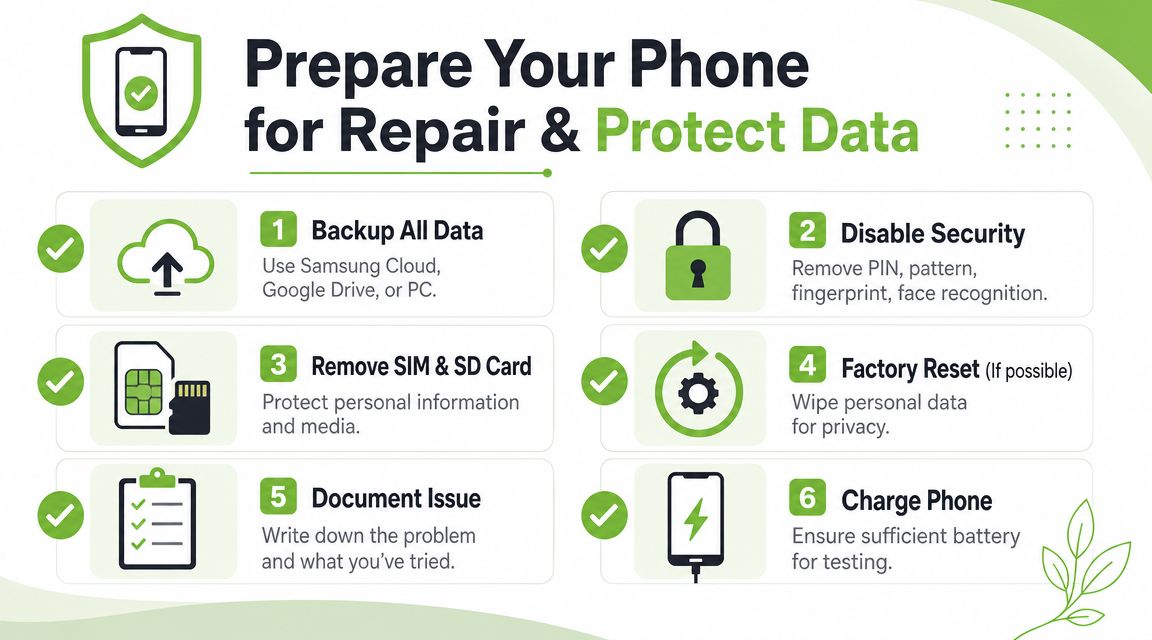 An instructional infographic detailing six steps to prepare a mobile phone for professional repair services.