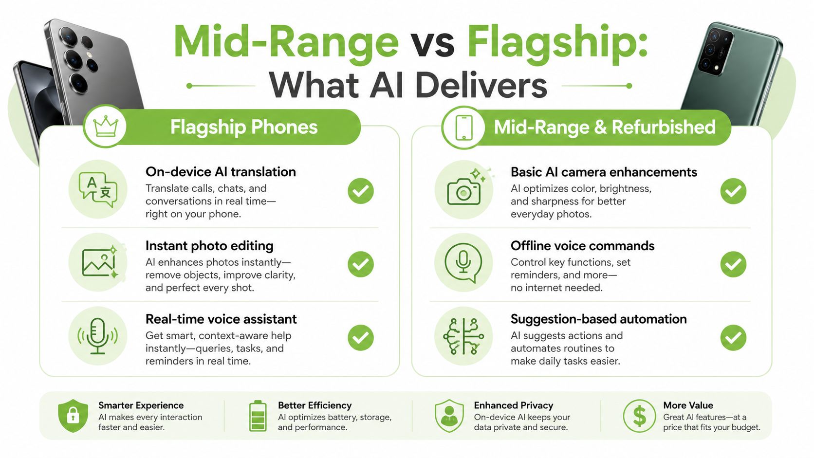 A comparison infographic detailing artificial intelligence features available in flagship versus mid-range and refurbished smartphones.