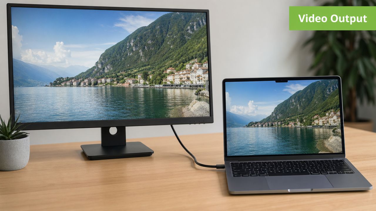 A laptop connected to an external monitor on a wooden desk displaying a mountain lake view.