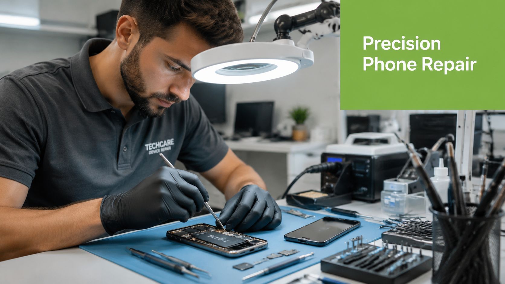 A technician wearing black gloves carefully repairing the internal components of a smartphone under a magnifying lamp.