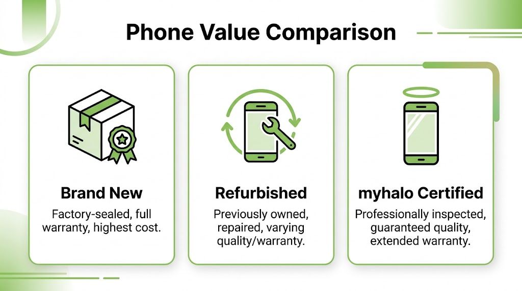 A comparison chart showing features and differences between brand new, refurbished, and myhalo certified mobile phones.