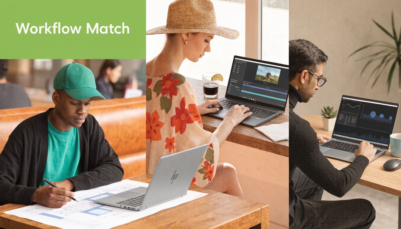 Three individuals using HP ZBook laptops for professional work including design, video editing, and data analysis tasks.