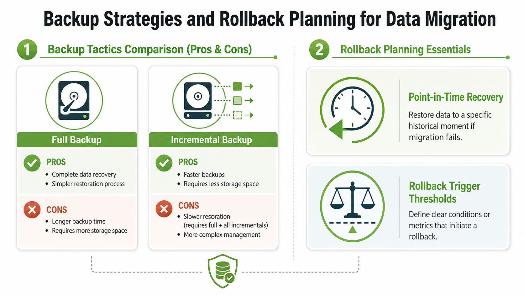 An infographic comparing full and incremental backup methods with essential strategies for data migration rollback planning.