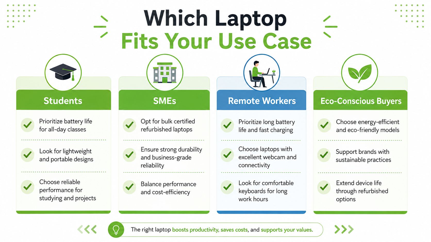 An infographic titled Which Laptop Fits Your Use Case outlining features for students, SMEs, remote workers, and eco-conscious buyers.