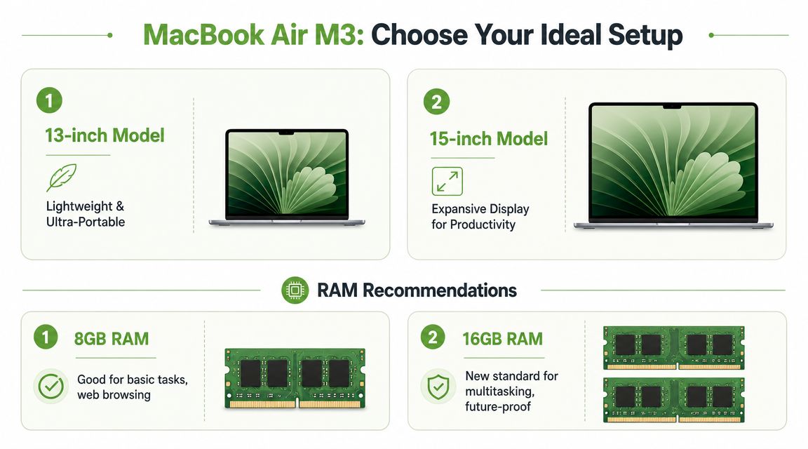 A guide comparing MacBook Air M3 models by display size and RAM options for different user needs.