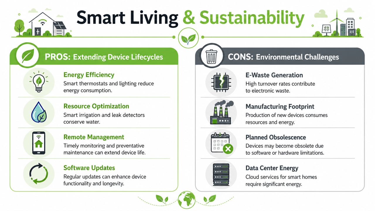 An infographic showing the environmental pros and cons of smart living and smart home device technology.