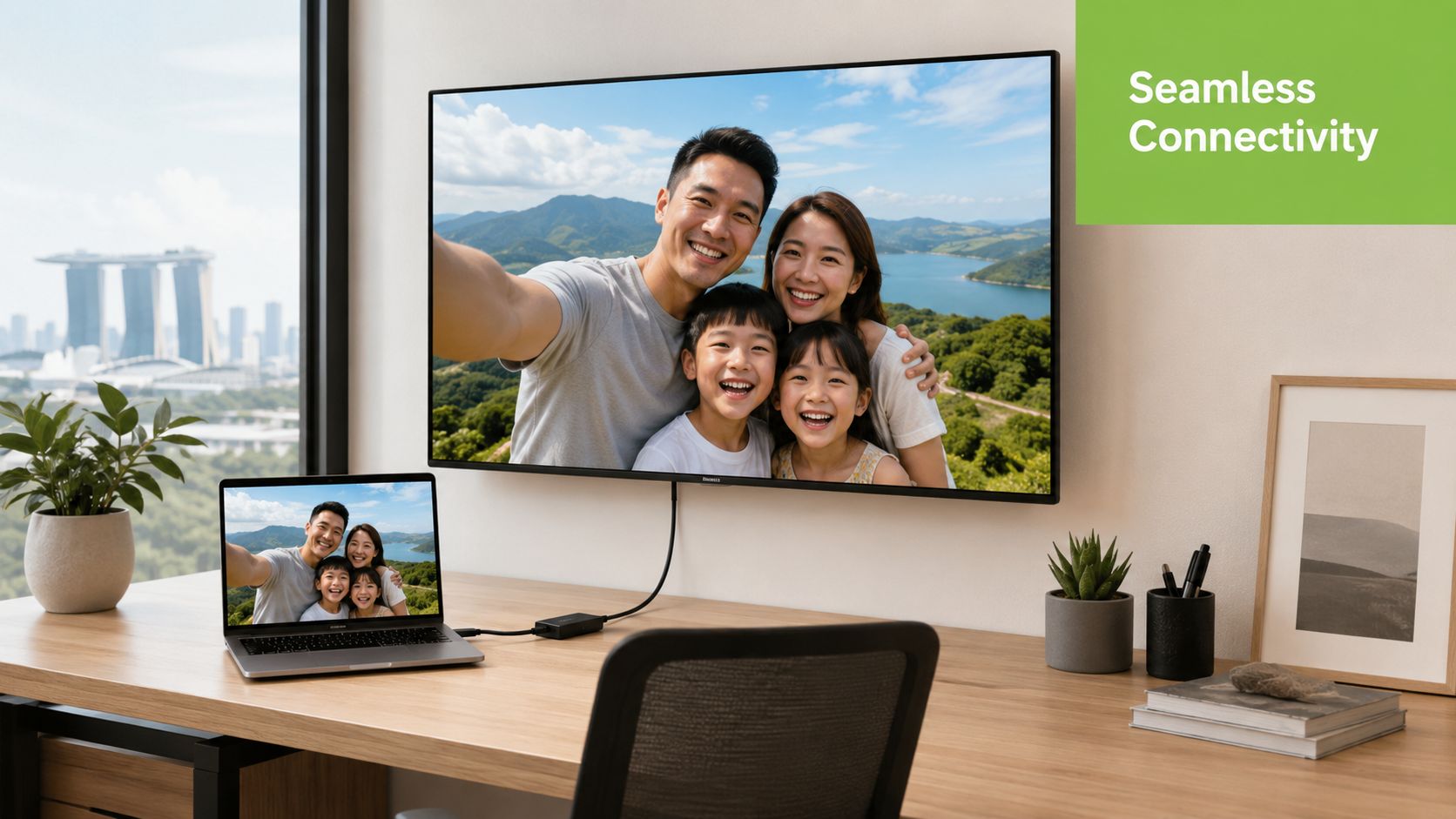 A laptop connected to a wall-mounted TV via a USB to HDMI adapter displaying a family photo.