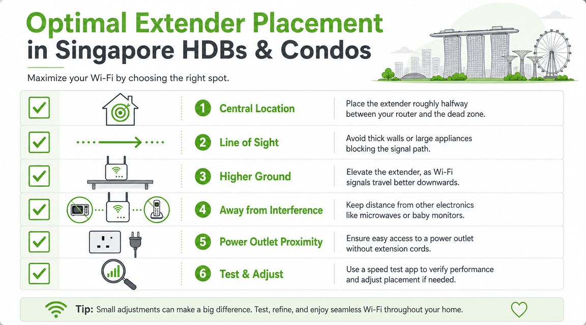 An infographic showing six tips for optimal Wi-Fi extender placement in Singapore homes and apartments.