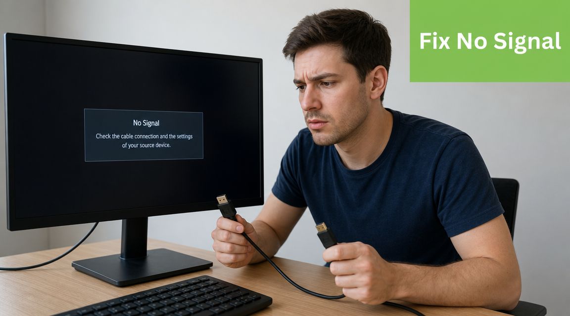 A man looking confused at a computer monitor showing a No Signal message while holding connection cables.