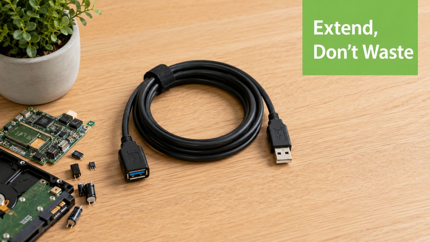 A black USB extension cable coiled on a wooden desk next to electronic parts and a plant.