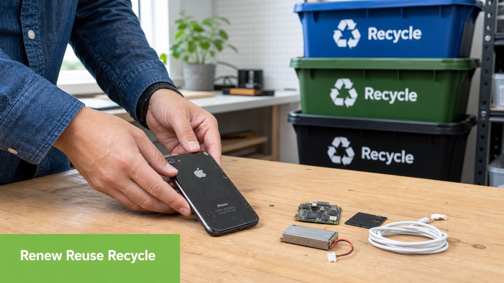 A person holding a damaged black iPhone next to disassembled electronic parts on a wooden table.