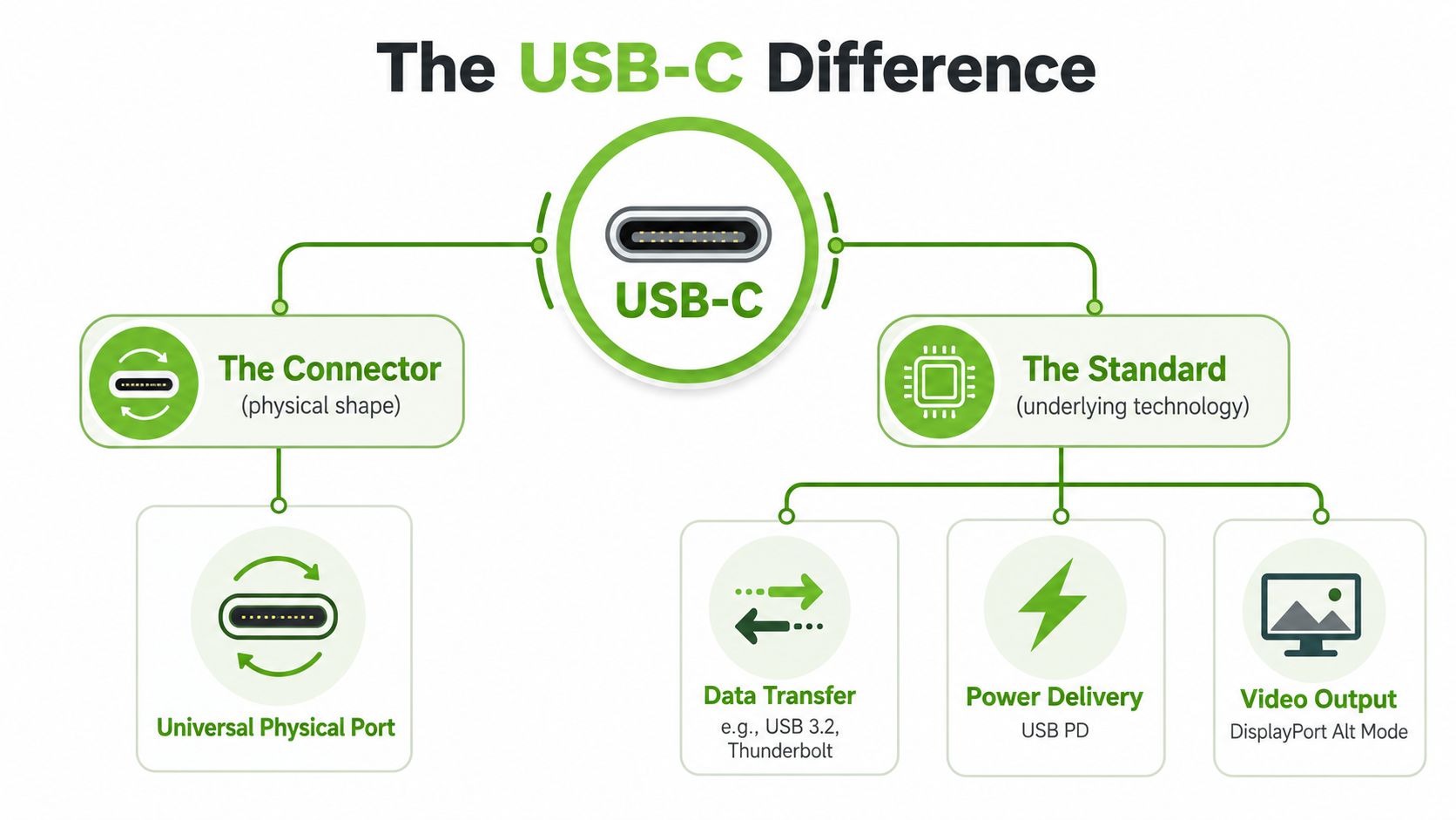 A diagram explaining that USB-C includes both a physical connector shape and advanced technology standards.