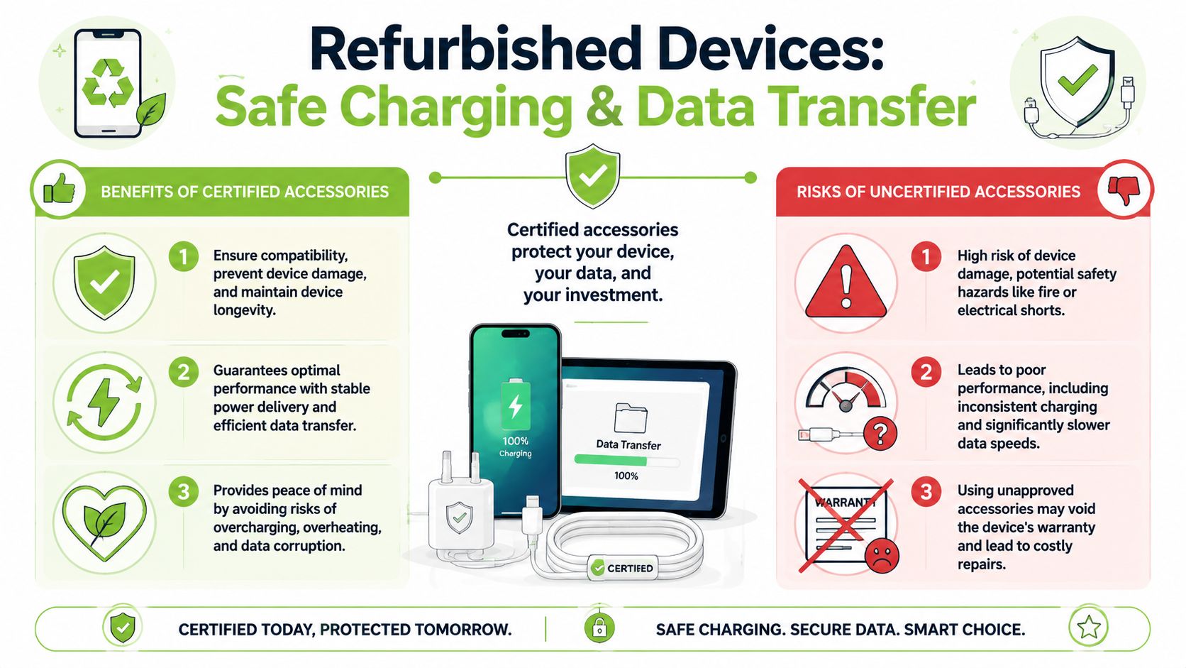 An infographic highlighting the importance of using certified accessories for safe charging and secure data transfer.