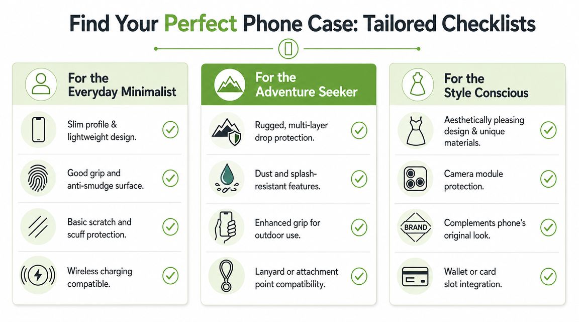 An infographic titled Find Your Perfect Phone Case detailing features for minimalists, adventure seekers, and style conscious users.