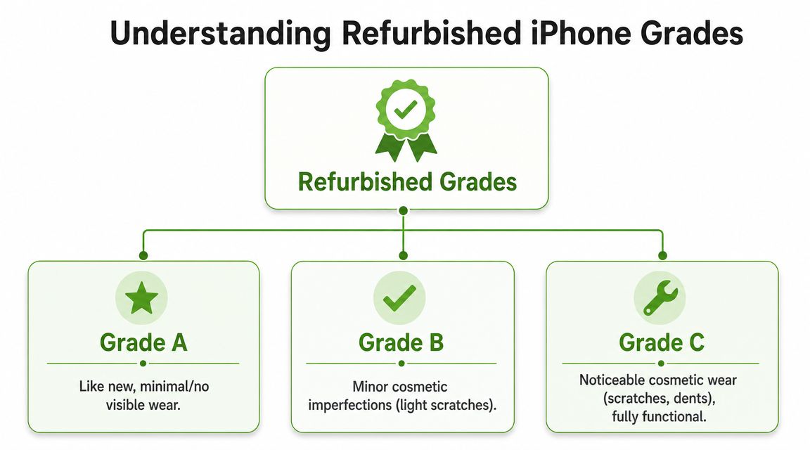 A diagram explaining Apple refurbished iPhone grading system, detailing A, B, and C cosmetic condition categories.