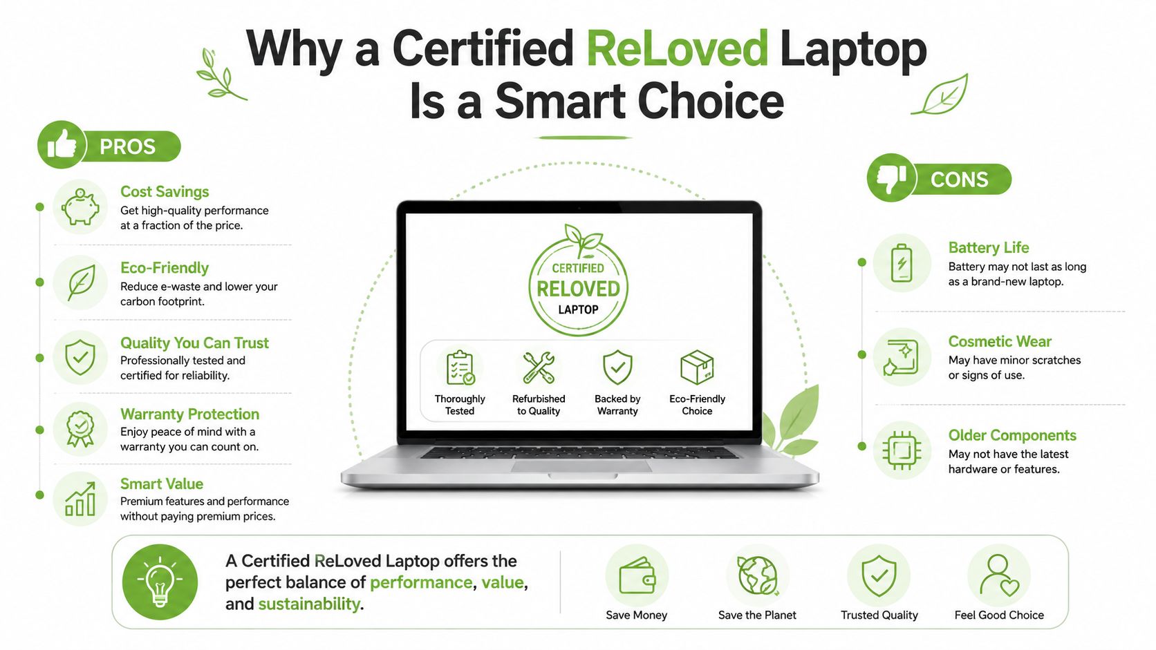 An infographic titled Why a Certified ReLoved Laptop Is a Smart Choice, highlighting pros and cons of refurbished laptops.