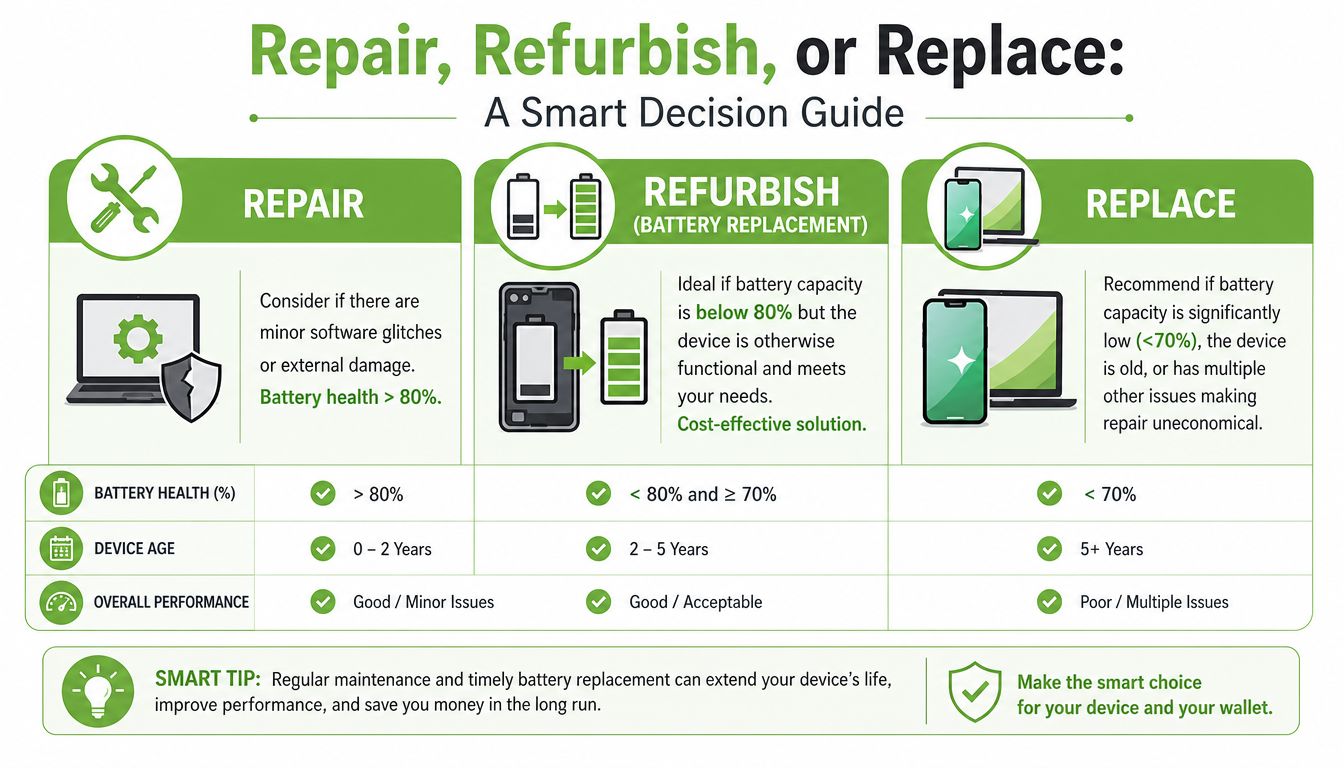 A decision guide infographic helping users choose whether to repair, refurbish, or replace their electronic devices.