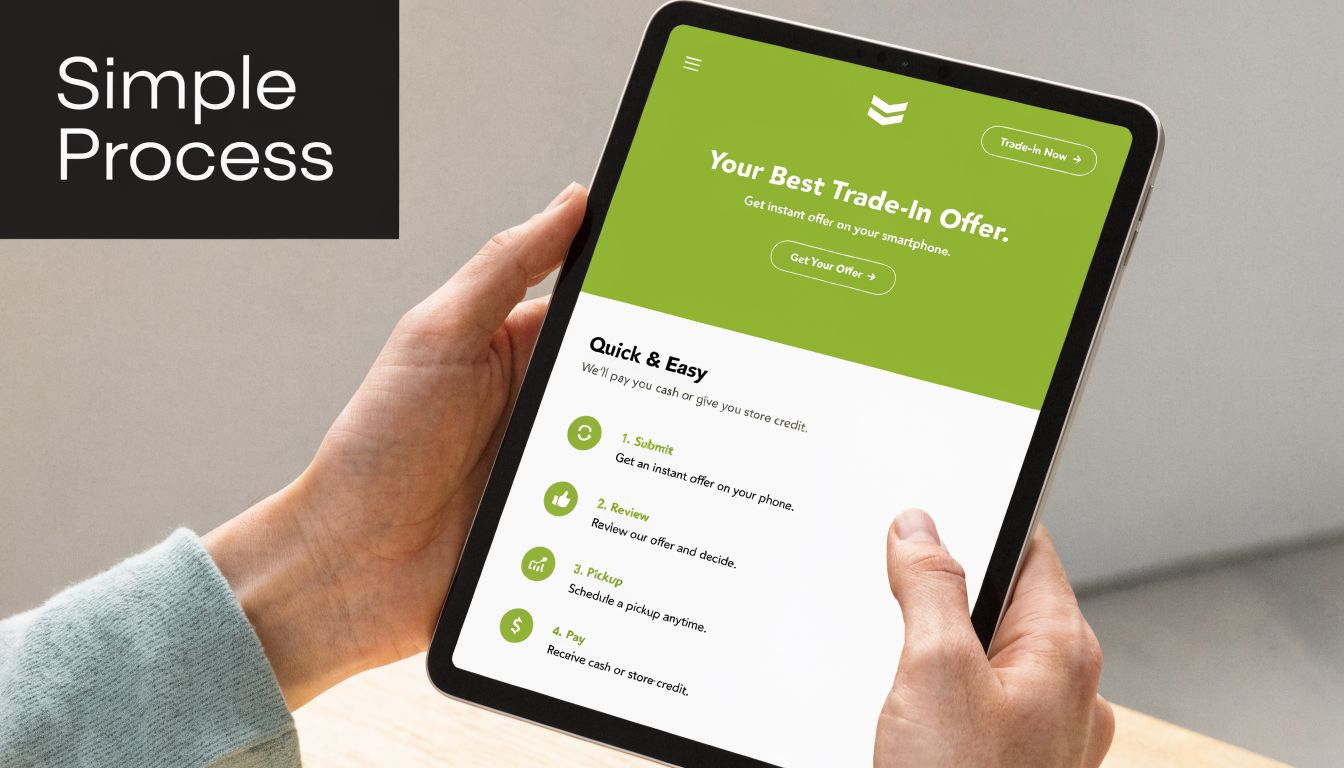 A person holding a tablet displaying a simple trade-in process for electronic devices on a green background.