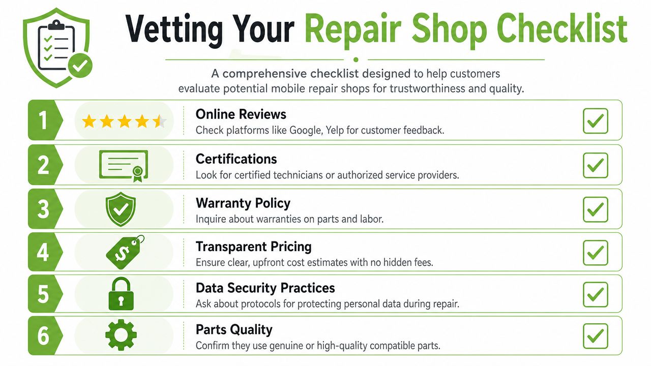 A green and white infographic checklist for vetting a mobile repair shop before hiring them.