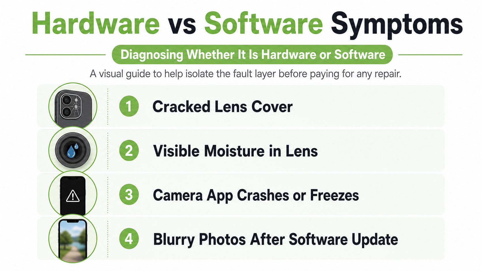 A diagram comparing hardware and software symptoms to help diagnose iPhone camera issues before seeking repairs.