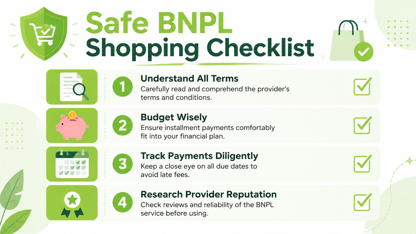 A green checklist graphic titled Safe BNPL Shopping Checklist outlining four steps for secure installments.