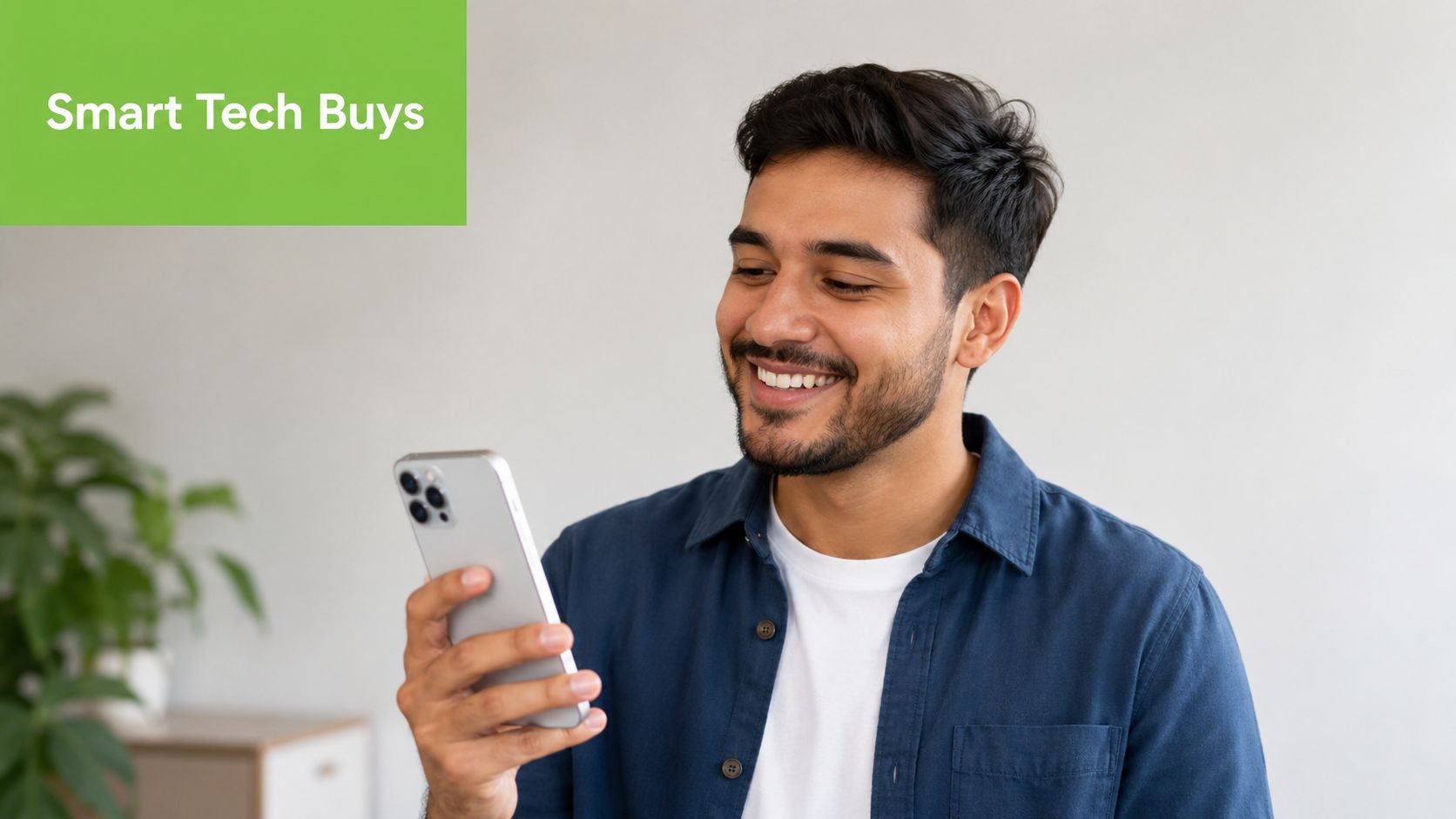 A smiling young man holding a silver smartphone while looking at the screen with satisfaction.